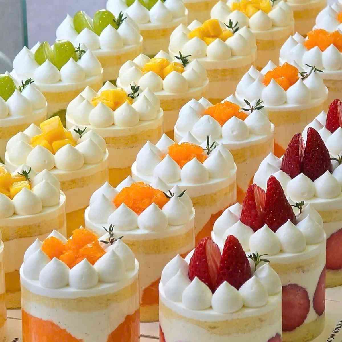 Layered fruit cream cups topped with fresh cherries